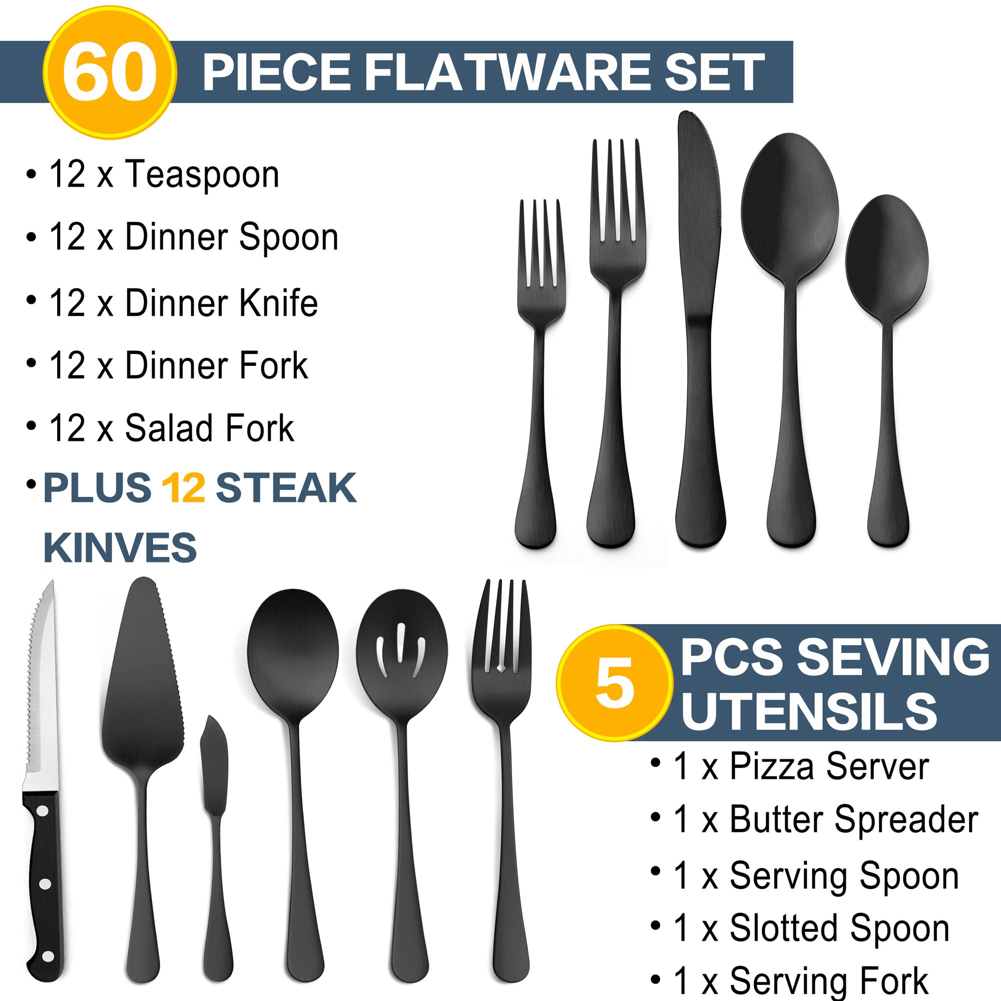 LIANYU 77-Piece Matte Black Silverware Set with Steak Knives and Serving Utensils, Modern Stainless Steel Flatware Cutlery Set for 12, Fancy Eating Utensils Tableware, Dishwasher Safe