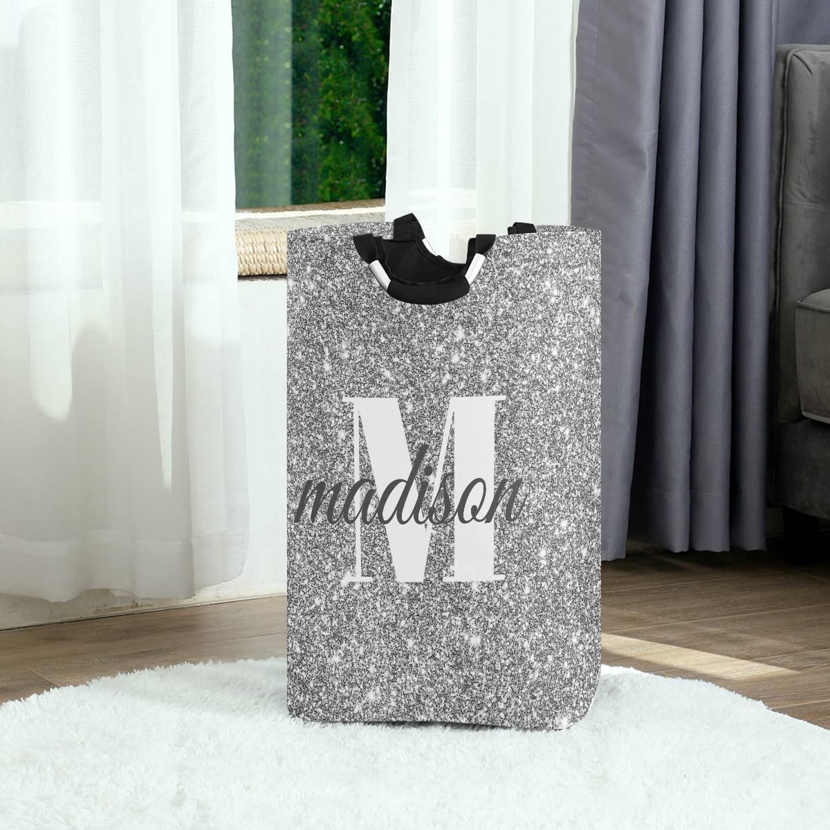 Custom Your Name Laundry Hamper Bag Silver Personalized Large Laundry Bag Collapsible Oxford Cloth Stylish Storage Bin with Handles, 22.7 Inch