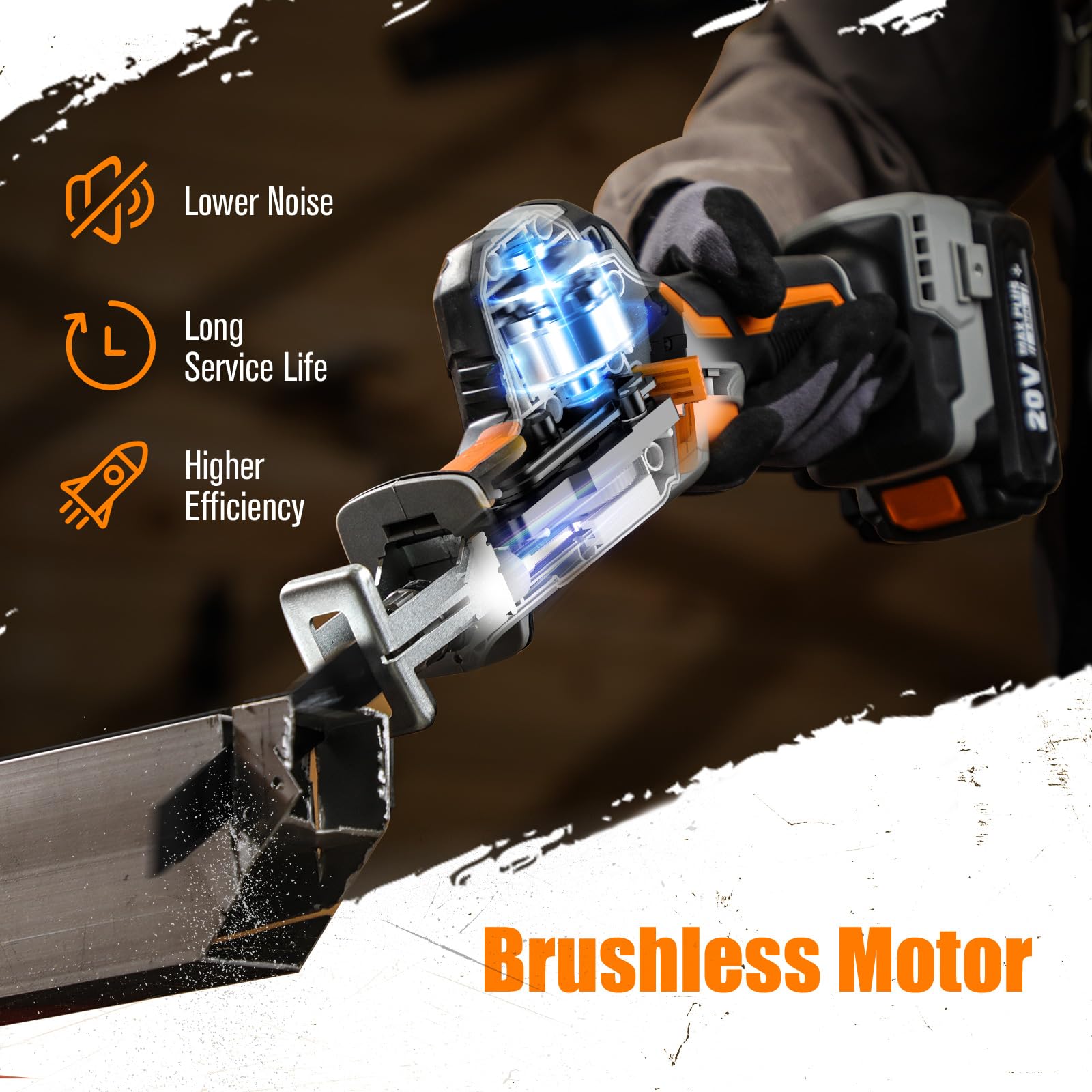 WORKSITE Brushless Reciprocating Saw, 20V Cordless One-Handed Reciprocating Saw w/2.0Ah Battery & 1-Hour Fast Charger, Variable Speed Trigger, 6 Saw Blades for Wood/Metal/PVC Pipe Cutting