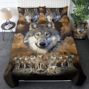 sleepwish gold wolf bedding indian wolf king size bed set 3d wolves duvet cover 3 piece native american wolf comforter cover with 2 pillow cases (king)