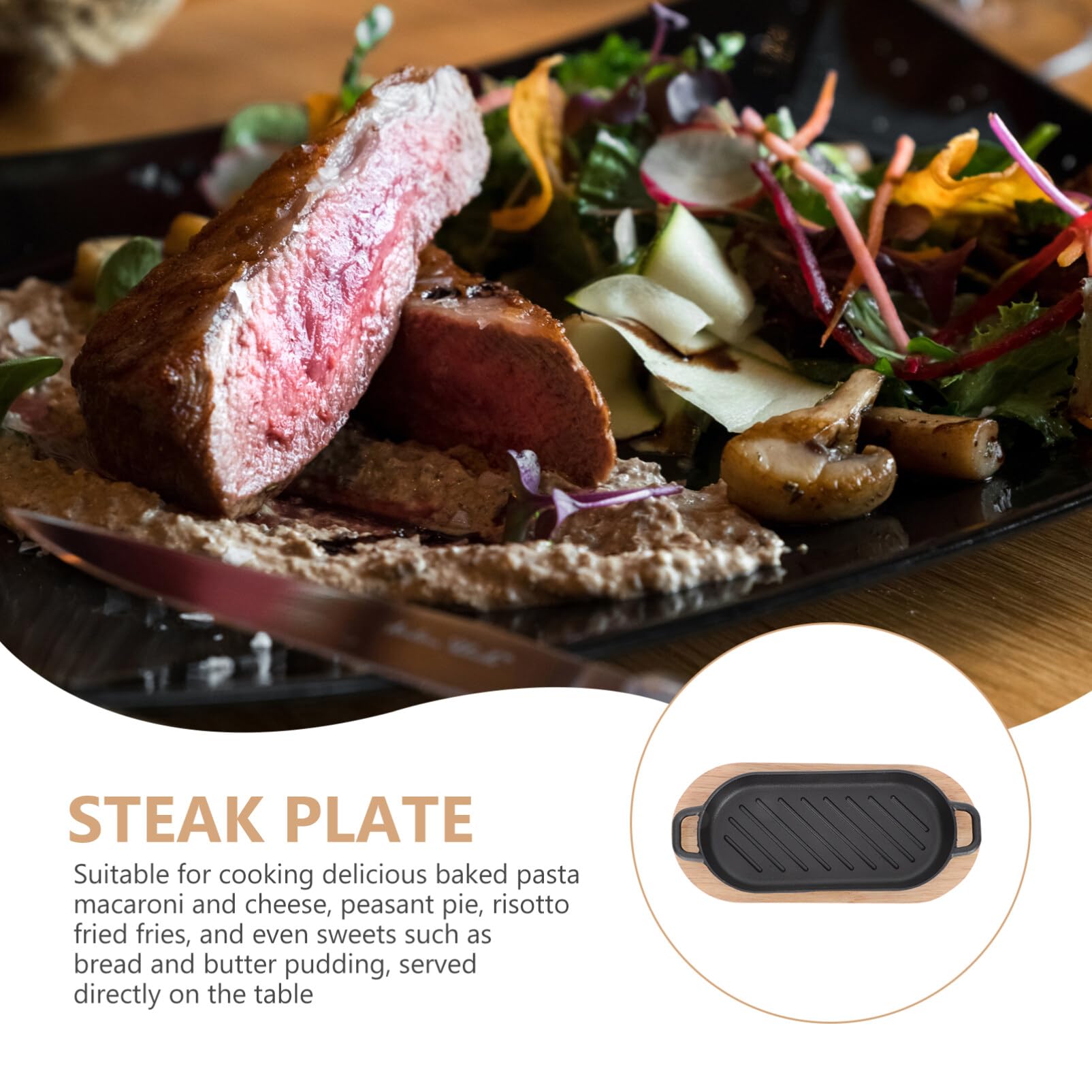 SIZZLING PLATE WITH WOODEN BASE- Cast Iron Steak Platter Pre- Seasoned Cast Iron Fajita Pan Sizzling Fajita Pan Japanese Steak Plate with Wood Base for Restaurant