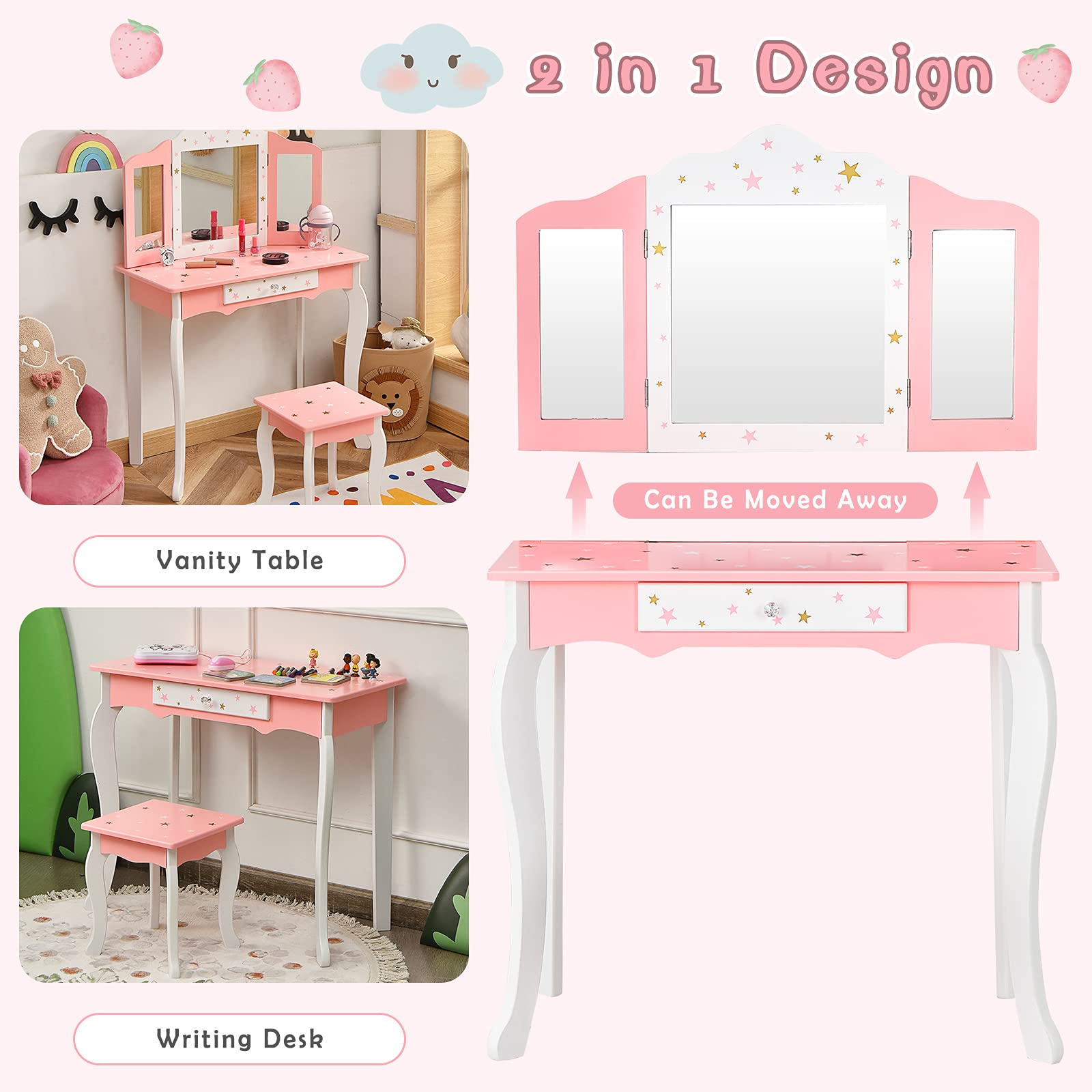 KOTEK Kids Vanity Set w/Tri-Folding Mirror, 2 in 1 Wooden Princess Makeup Dressing Table w/Detachable Top & Storage Drawers, Pretend Beauty Play Vanity Table Set for Girls (Pink Star Print)