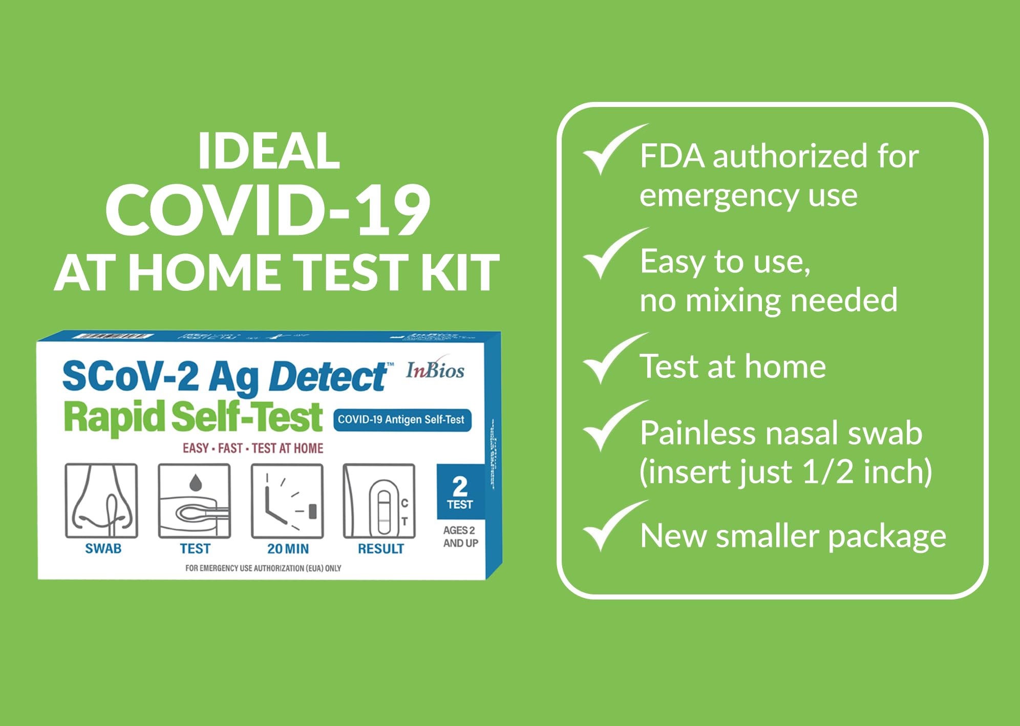 COVID-19 Antigen Rapid Test, 1 Pack, 2 Tests Total, Easy To Use – No Mixing Step, SCoV-2 Ag Detect Rapid Self-Test, FDA Emergency Use Authorized, Test at Home