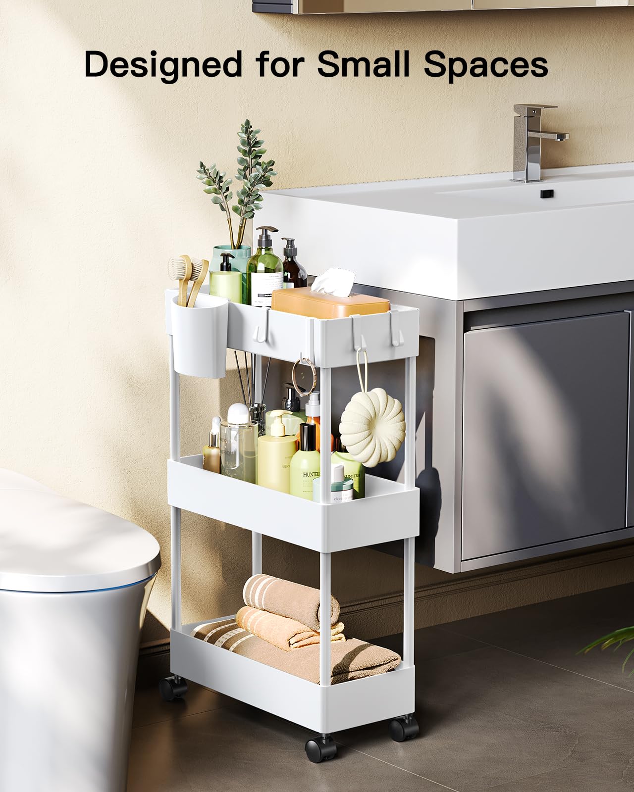 Pipishell Slim Storage Cart with Wheels, Bathroom Cart Organizer Small, Rolling Cart for Bathroom, Laundry Room, Kitchen, Narrow Space, White PIUC04W, 7.08/''D X 15.7/''W X 25.2/''H