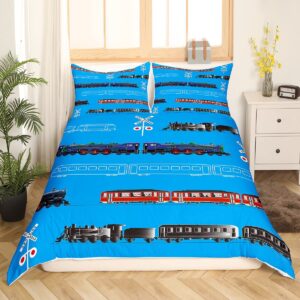 Feelyou Train Kids Boys Duvet Cover Retro Steam Engine Toddler Bedding Set for Teens Railway Track Transport Comforter CoverRed Blue Black Decor Quilt Cover Room 3Pcs Queen Size,Zipper…