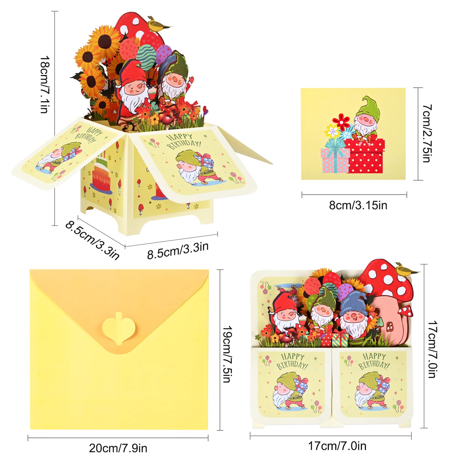 Giiffu 3D Pop up Birthday Cards, Happy Birthday Pop Up Card, Happy Birthday Card for Kids, Birthday Cards for Him or Her, Birthday Gift Greeting Cards with Envelope and Note Card(Gnome)