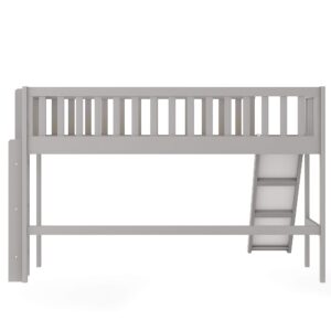 Twin Size Loft Bed with Slide, Wooden Low Loft Bed Frame for Kids Girls Boys (Gray)