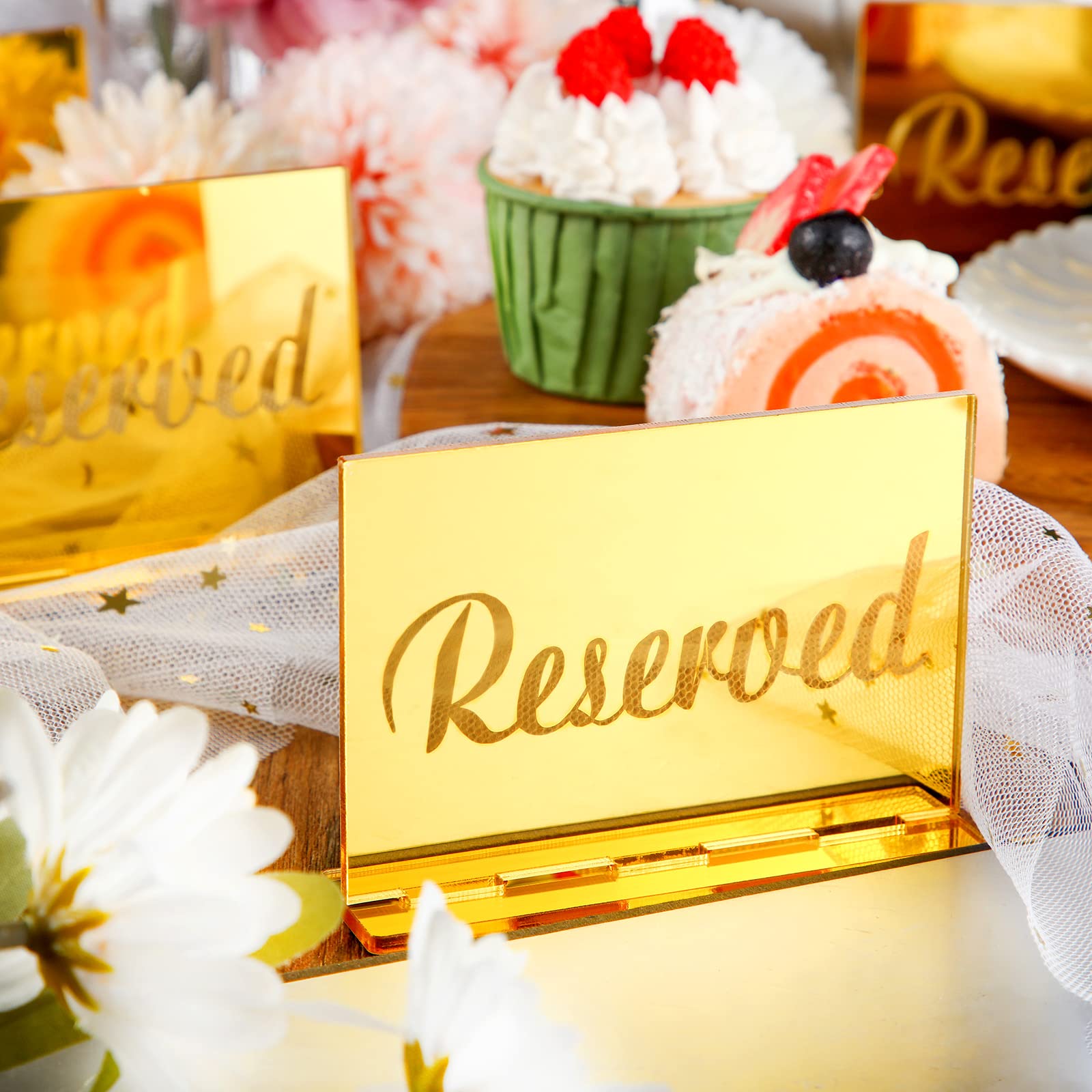 6 Sets Acrylic Mirror Reserved Table Sign Gold Acrylic Freestanding Decoration Guestbook Wedding Reserved Sign for Seating Reception Table Restaurant Business Office