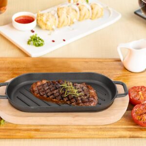 SIZZLING PLATE WITH WOODEN BASE- Cast Iron Steak Platter Pre- Seasoned Cast Iron Fajita Pan Sizzling Fajita Pan Japanese Steak Plate with Wood Base for Restaurant