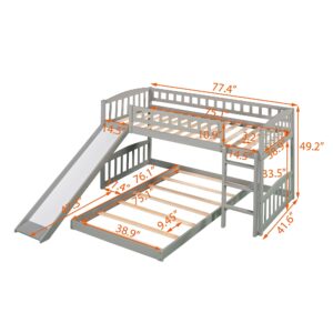 Harper & Bright Designs Low Bunk Bed Twin Over Twin, Wood Floor Bunk Bed with Slide and Ladder, L-Shape Bunk Bed for Kids Toddlers Teens Boys & Girls (Gray)