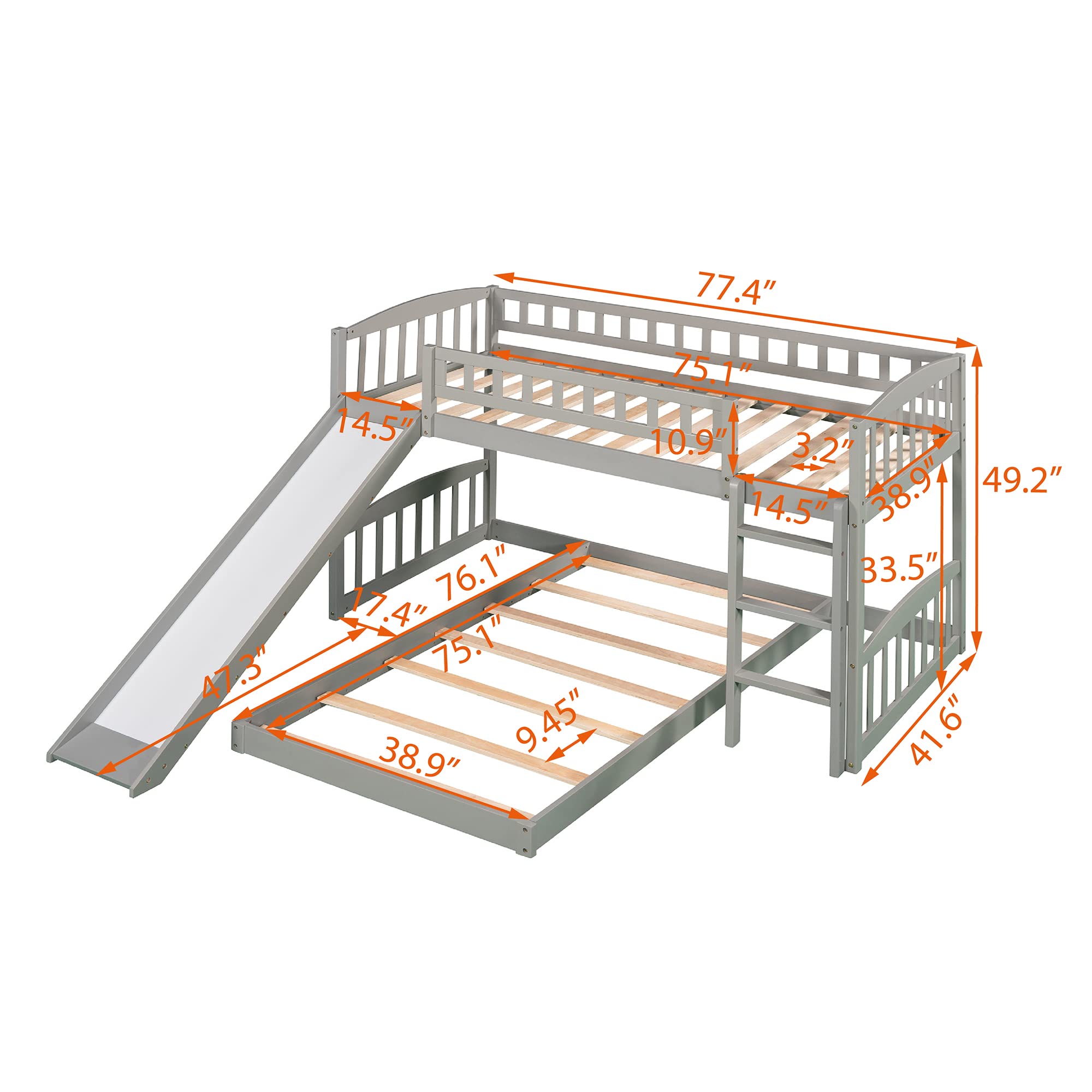 Harper & Bright Designs Low Bunk Bed Twin Over Twin, Wood Floor Bunk Bed with Slide and Ladder, L-Shape Bunk Bed for Kids Toddlers Teens Boys & Girls (Gray)