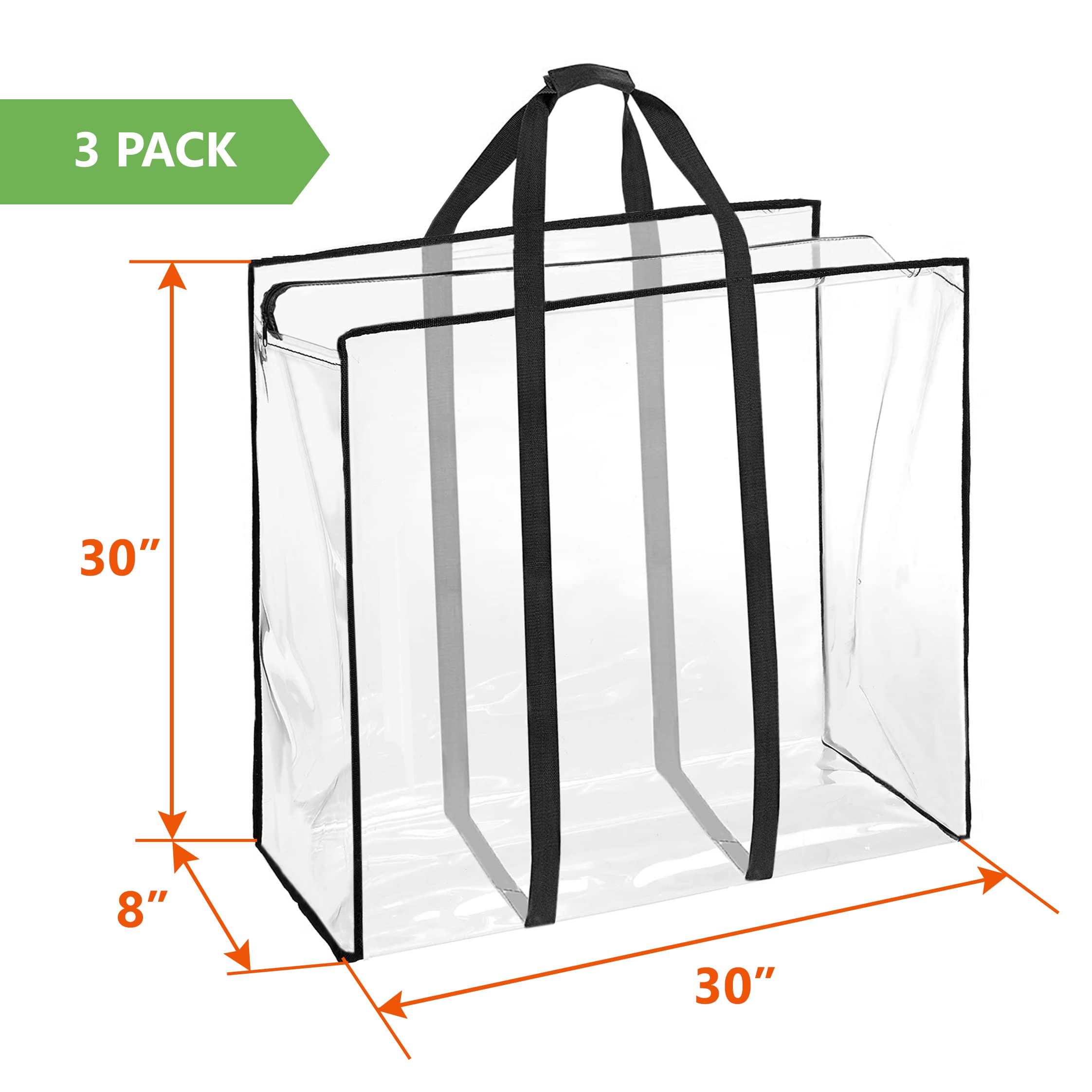 ProPik Clear Storage Bag Gift Wrap Clothes Organizer Big Zippered Christmas Decorations Storage Vinyl Bag for Under Bed Moving Bedding Linen Pillow Blanket Cloth Bag Reinforced Handles (Black, 3)