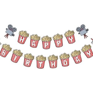 Movie Night Theme Happy Birthday Banner, Popcorn Inspired Birthday Party Sign, Watching Movie Bday Pennant Decor