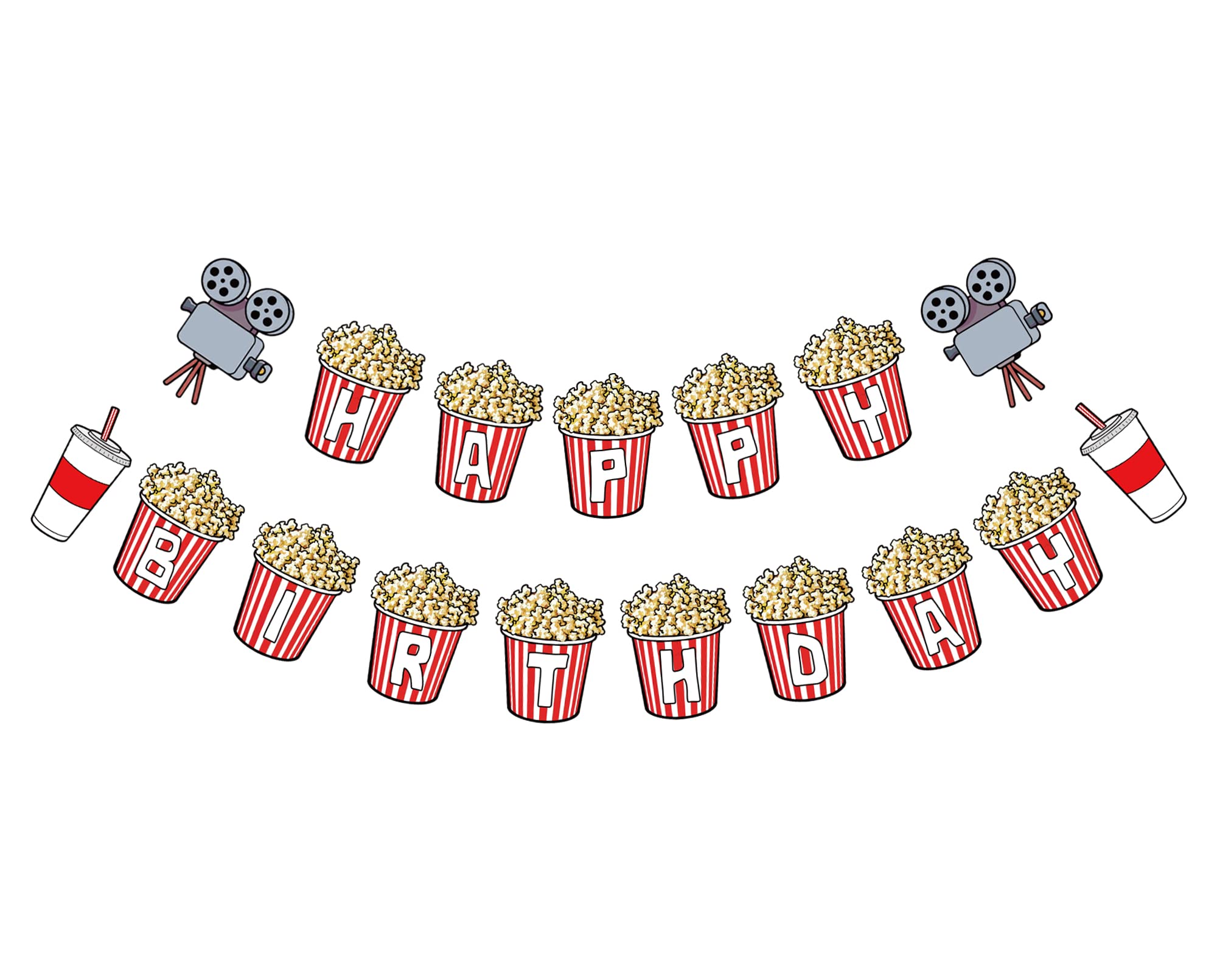 Movie Night Theme Happy Birthday Banner, Popcorn Inspired Birthday Party Sign, Watching Movie Bday Pennant Decor