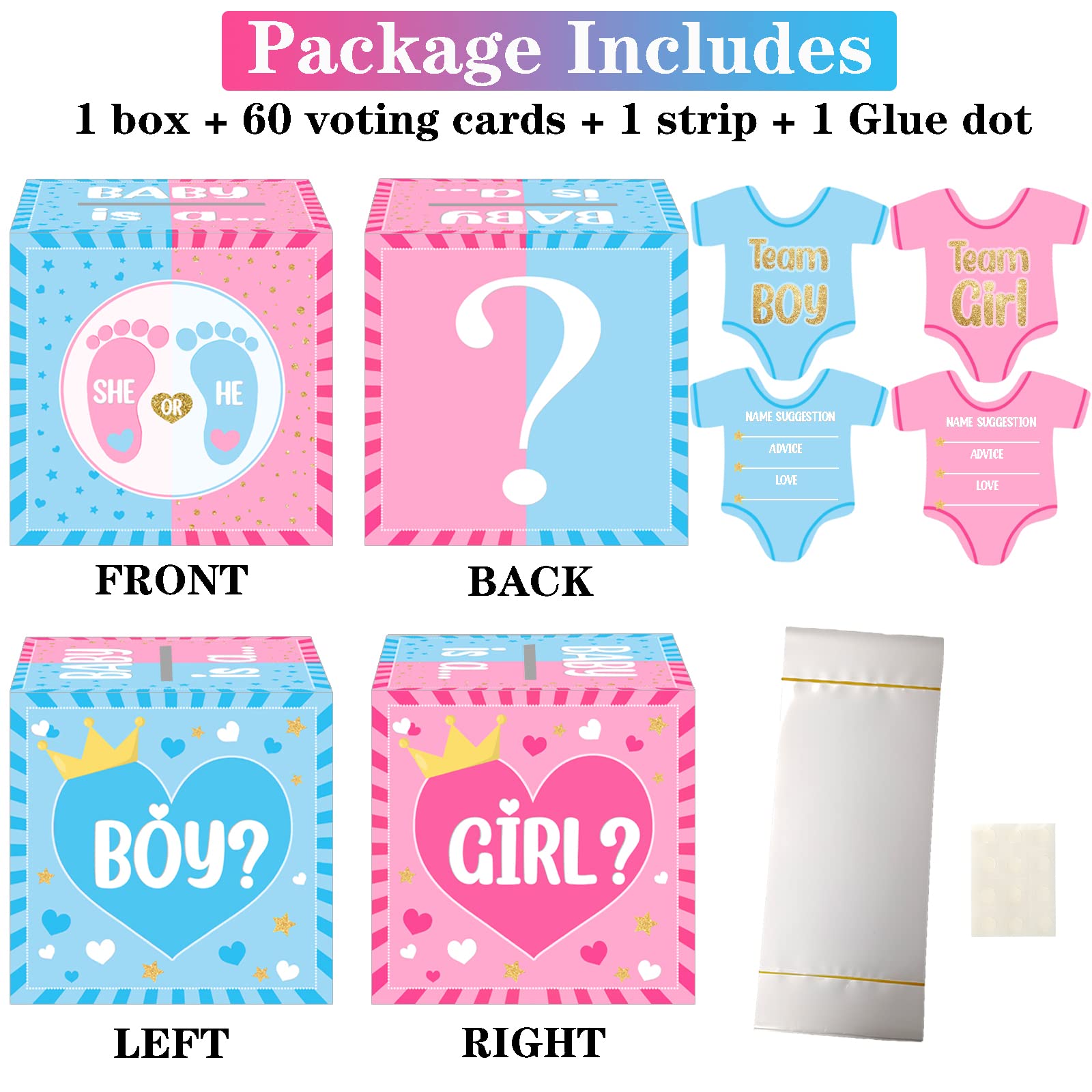 hongpar Baby Gender Reveal Pull Out Game , Voting Box with 60 Ballot Cards, Boy or Girl, Party Supplies,Pink and Blue