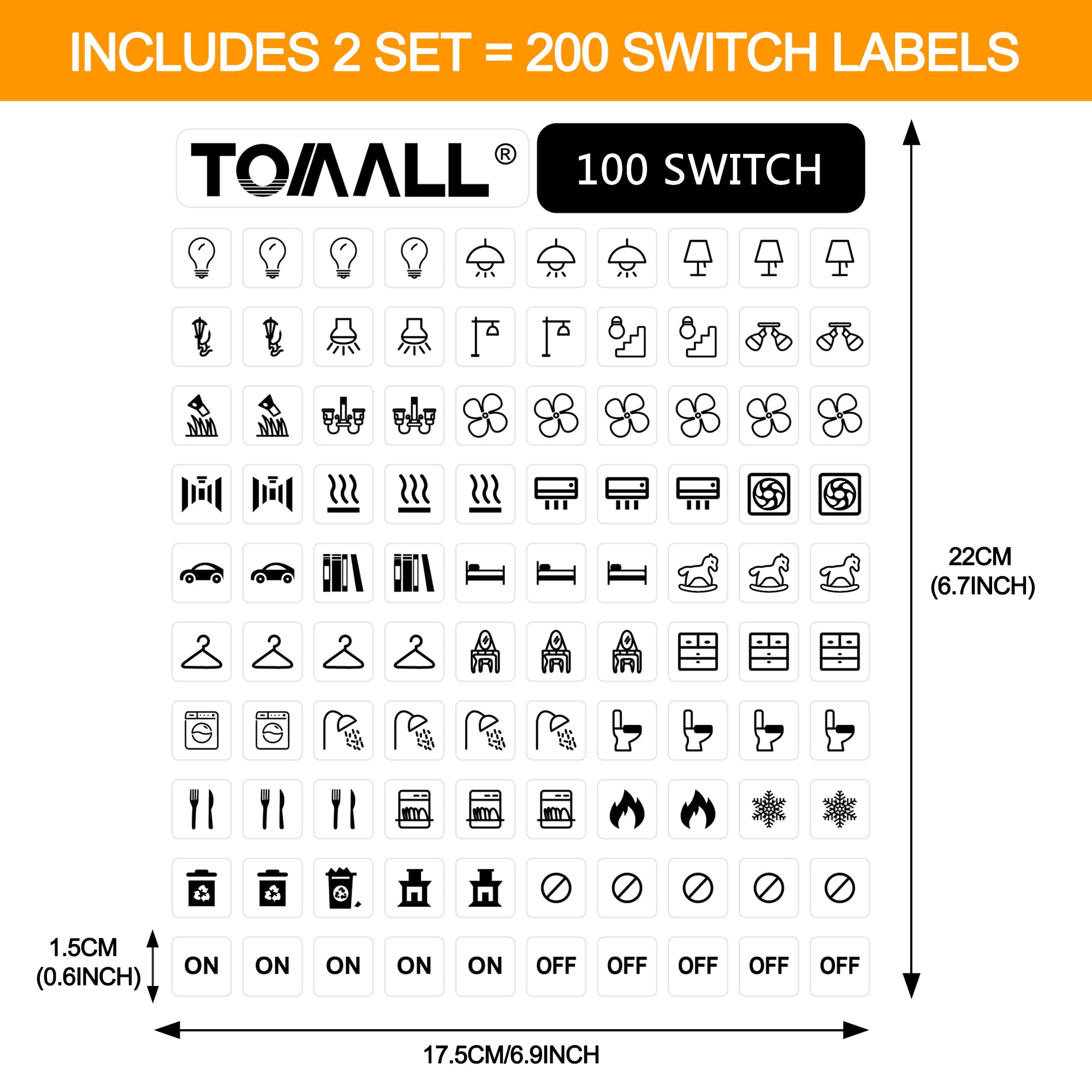 TOMALL 200Pcs Light Switch Labels Icon Stickers Household Transparent Light Fan Heater Bed Bathroom Kitchen Garage Laundry Room Switch Label Graphic Kit for Home Office School Hotel Public Places