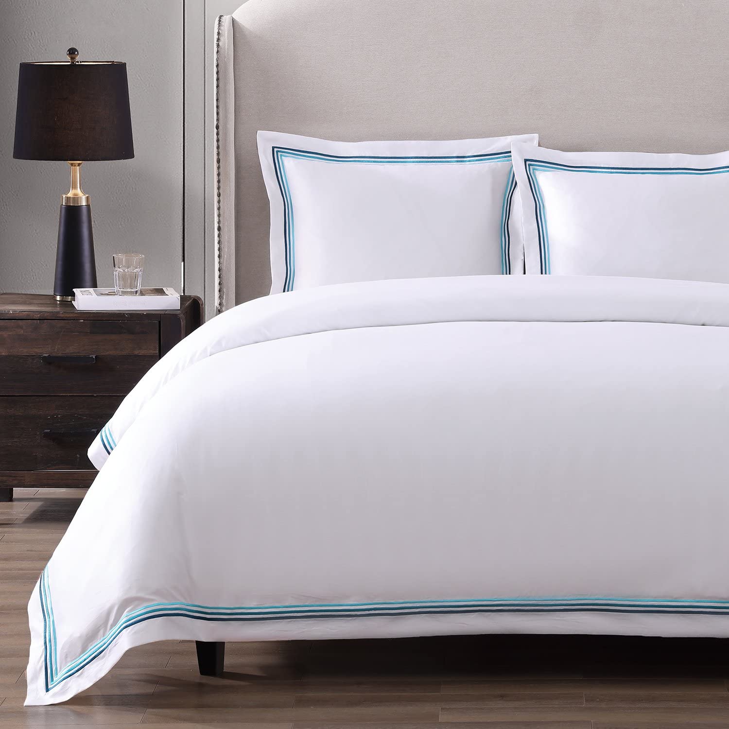 Hotel Triple Luxe Sateen Duvet Cover Set, 100% ELS Giza Egyptian Cotton, Embroidered, All Natural, Hidden Zipper Closure, Duvet Cover & 2 Pillow Shams (Teal, King/Cal King)