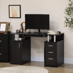 HOMCOM 47" Computer Desk with Keyboard Tray and Storage Drawers, Home Office Workstation Table with Storage Shelves, Dark Brown Wood Grain