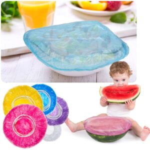 200 Pcs 5 Size Plastic Bowl Covers with Elastic Bulk Reusable Bowl Covers Disposable Food Covers Storage Cover Plastic Wrap for Leftovers Family Outdoor Picnic (White, Purple, Blue, Yellow, Pink)