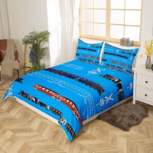 Feelyou Train Kids Boys Duvet Cover Retro Steam Engine Toddler Bedding Set for Teens Railway Track Transport Comforter CoverRed Blue Black Decor Quilt Cover Room 3Pcs Queen Size,Zipper…