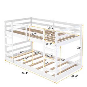 Harper & Bright Designs Kids Low Bunk Bed, Wood Twin Over Twin Floor Bunk Bed Frame with Ladder, Safety Guardrail, Twin Size Floor Bunk Bed, No Box Spring Needed, White