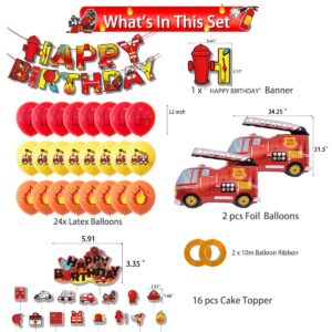 Firefighter Birthday Party Supplies Fire truck Party Decorations Fire Truck Balloon Fire Banner Firetruck Cupcake Toppers with Ribbons and Some Adhesive Silicone Points