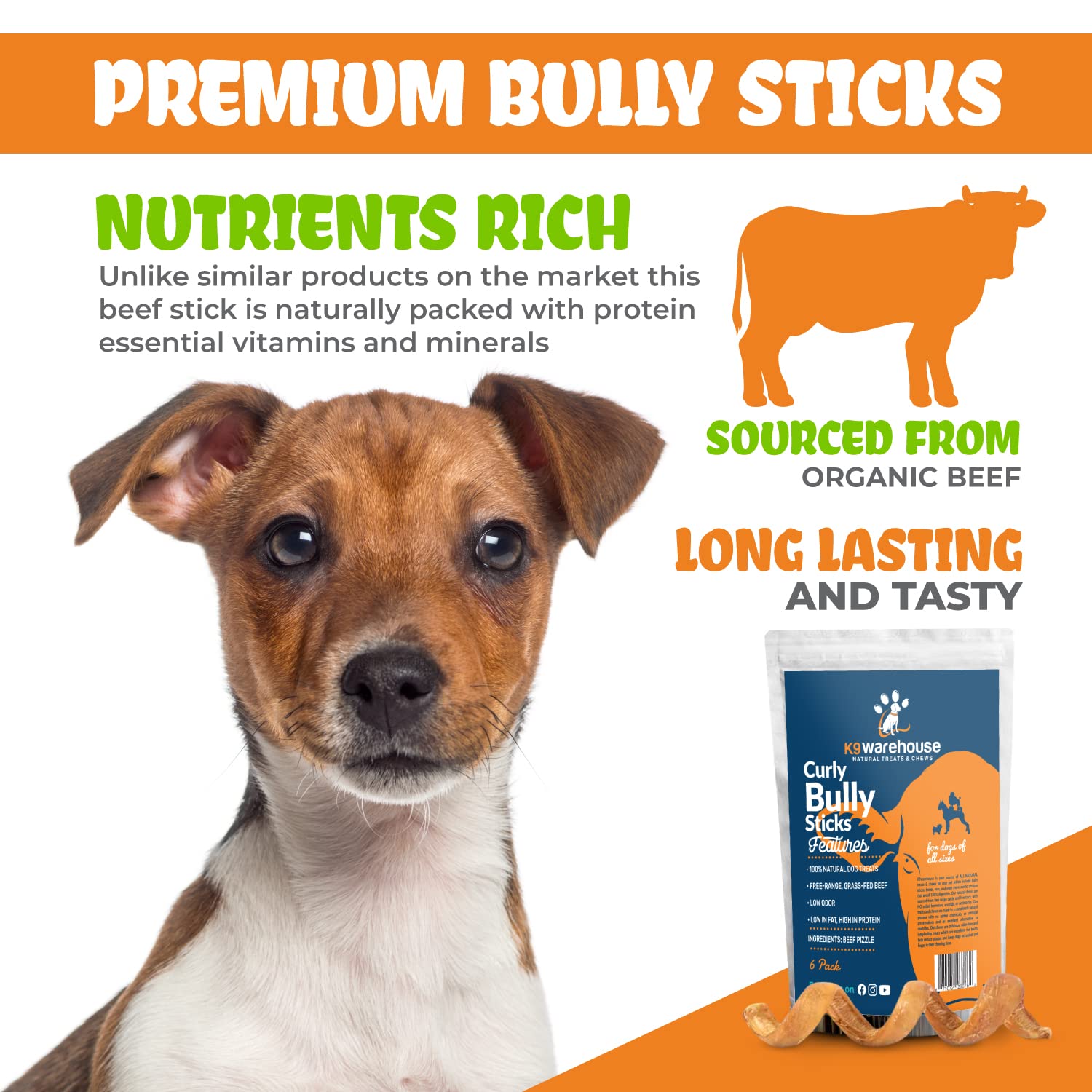 K9warehouse® - Curly Bully Sticks for Dogs - 5 to 8 inch, 6 Pack - High Protein, Odor Free Springs, Natural Pizzle Spiral Dog Chews - Perfect Treats for Small, Medium, Large Dogs - Rawhide Alternative