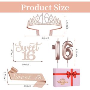 Sweet 16 Party Decorations for Girls Including Sweet 16 Sash and Tiara, Candles,Sweet 16 Cake Topper and Candles, 16th Birthday Decorations for Girls, Sweet 16th Birthday Gifts