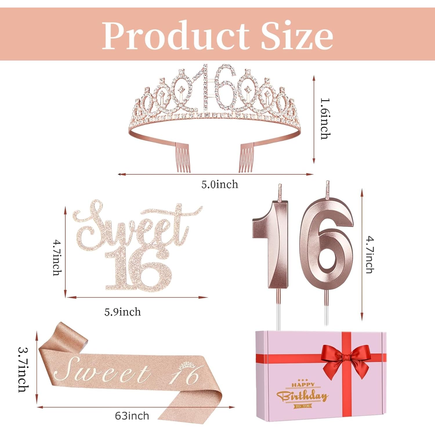 Sweet 16 Party Decorations for Girls Including Sweet 16 Sash and Tiara, Candles,Sweet 16 Cake Topper and Candles, 16th Birthday Decorations for Girls, Sweet 16th Birthday Gifts