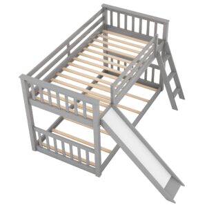 Harper & Bright Designs Low Bunk Bed for Kids, Solid Wood Twin Over Twin Floor Bunk Bed with Slide and Angle Ladders, Twin Bunk Bed for Kids Toddlers Teens (New, Gray)