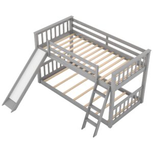 Harper & Bright Designs Low Bunk Bed for Kids, Solid Wood Twin Over Twin Floor Bunk Bed with Slide and Angle Ladders, Twin Bunk Bed for Kids Toddlers Teens (New, Gray)