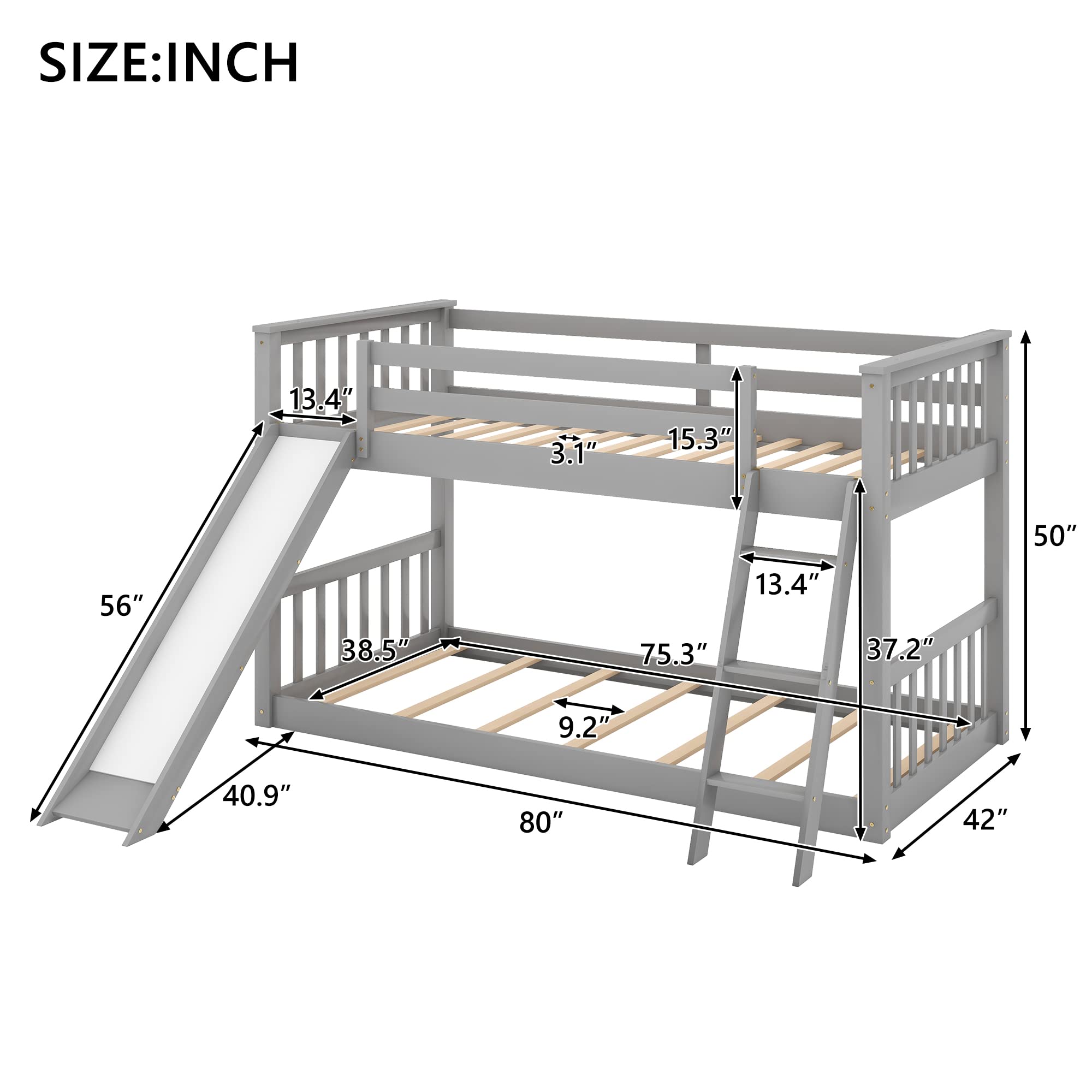 Harper & Bright Designs Low Bunk Bed for Kids, Solid Wood Twin Over Twin Floor Bunk Bed with Slide and Angle Ladders, Twin Bunk Bed for Kids Toddlers Teens (New, Gray)