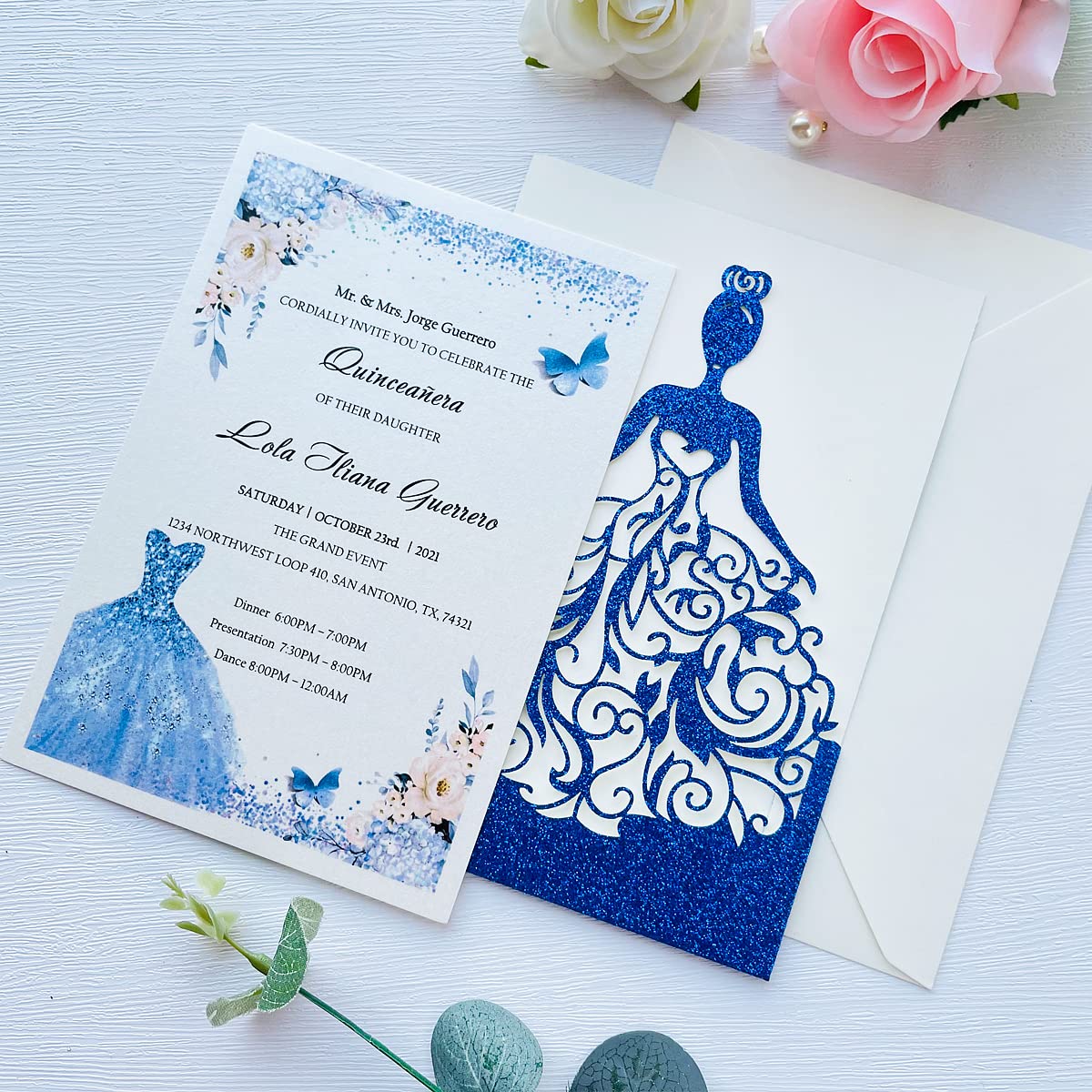 KUCHYNEE 5.12 x7.28 inch 20PCS Royal Blue Glitter Quinceanera Invitations Kit Laser Cut Hollow Girl Princess Pocket with Envelopes Quinceanera Invitations for Quinceanera Bridal Shower Invite