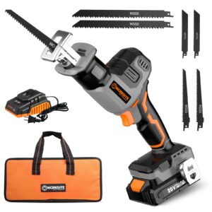 worksite brushless reciprocating saw, 20v cordless one-handed reciprocating saw w/2.0ah battery & 1-hour fast charger, variable speed trigger, 6 saw blades for wood/metal/pvc pipe cutting