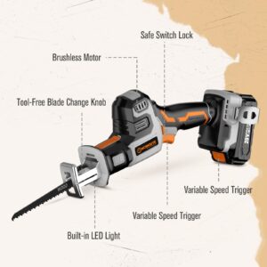 WORKSITE Brushless Reciprocating Saw, 20V Cordless One-Handed Reciprocating Saw w/2.0Ah Battery & 1-Hour Fast Charger, Variable Speed Trigger, 6 Saw Blades for Wood/Metal/PVC Pipe Cutting