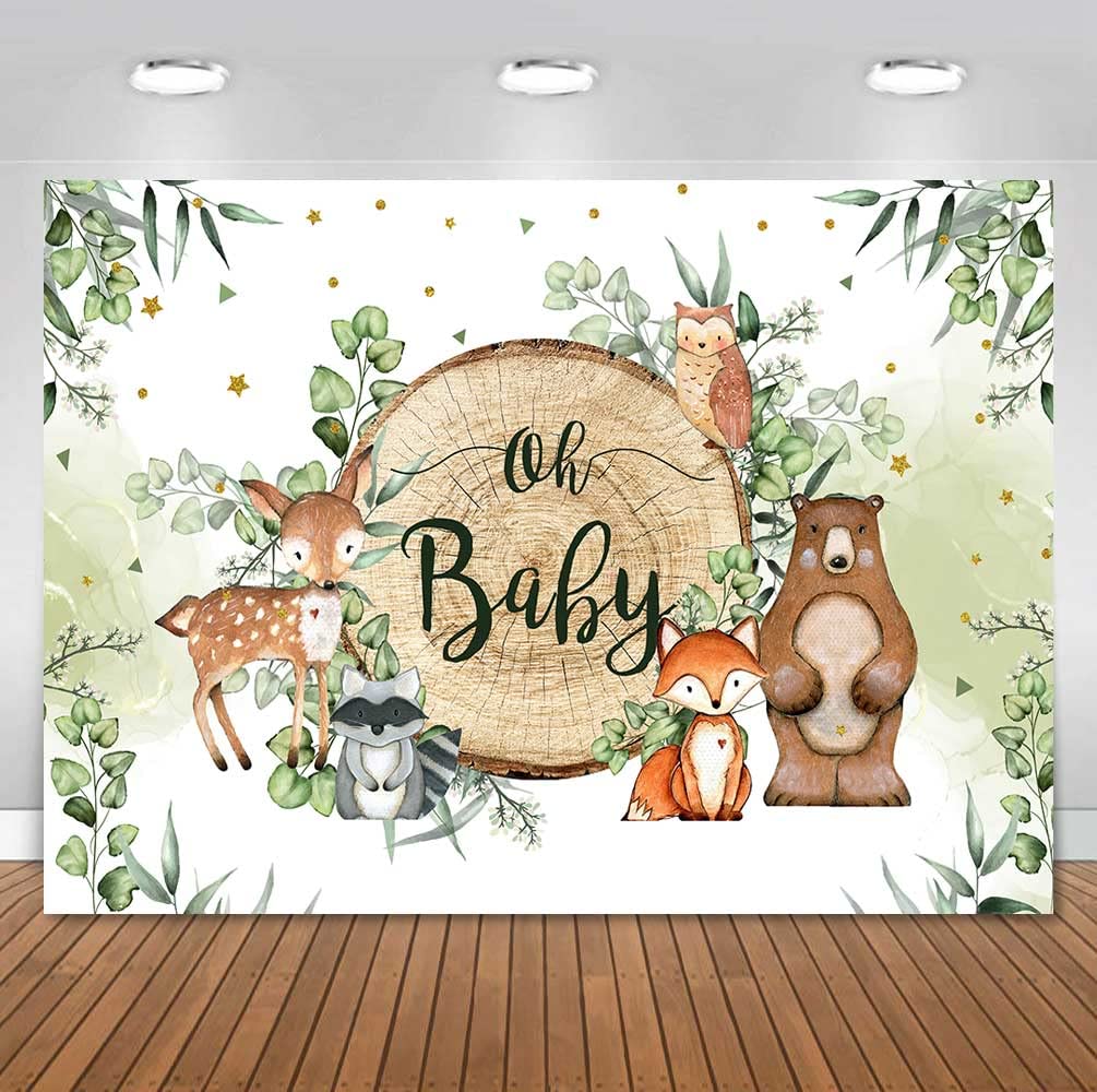 Sensfun Woodland Baby Shower Backdrop Oh Baby Woodland Creatures Forest Animals Party Banner Decorations Jungle Safari Greenery Boy Baby Shower Photography Background 7x5ft