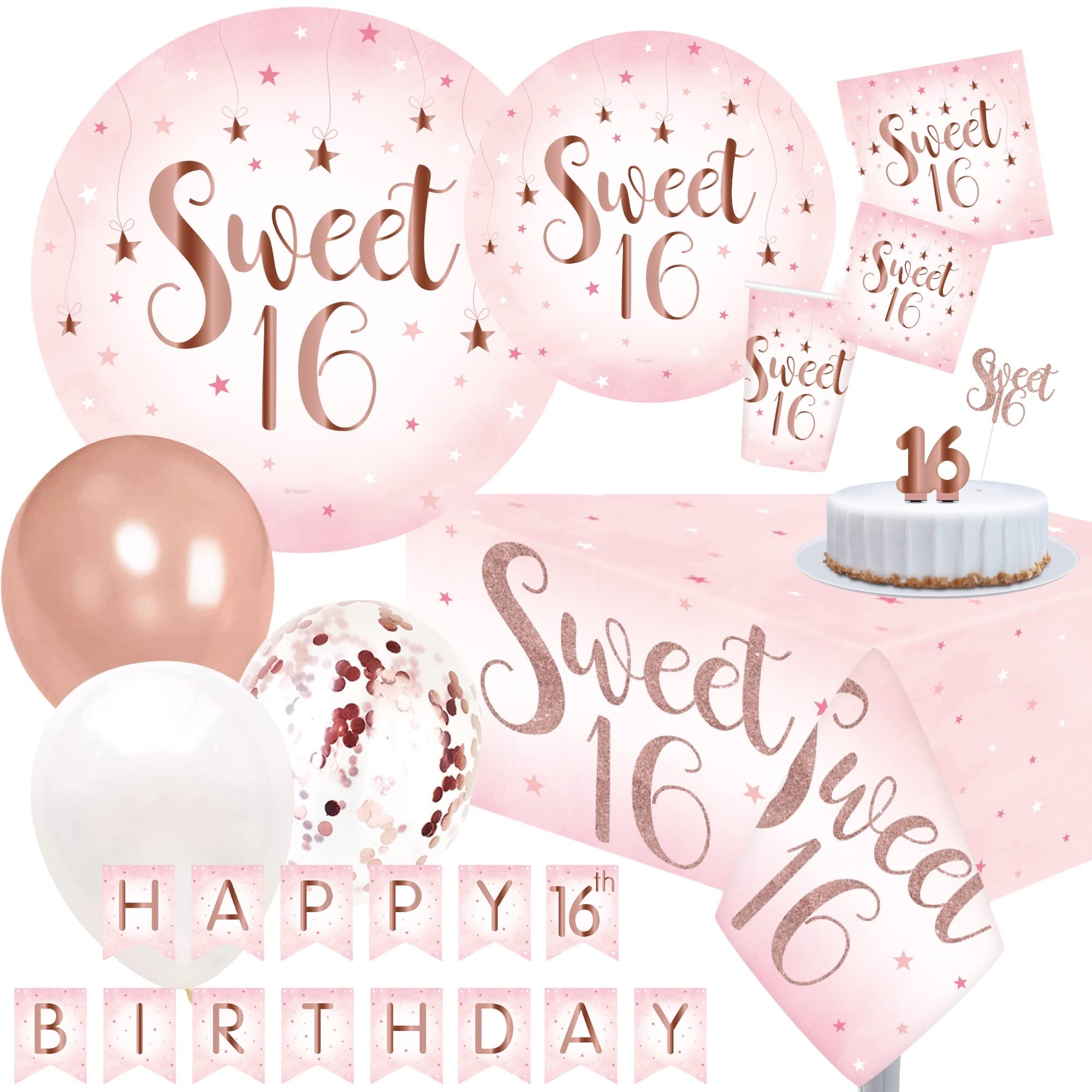 Sweet 16 Rose Gold Birthday Party Supplies, Serves 24 Guests, Includes Cups, Plates, Napkins, Table Covers, Happy Birthday Banner, Cake Topper, Balloons, and Candle, Essentials for 16th Birthday Party