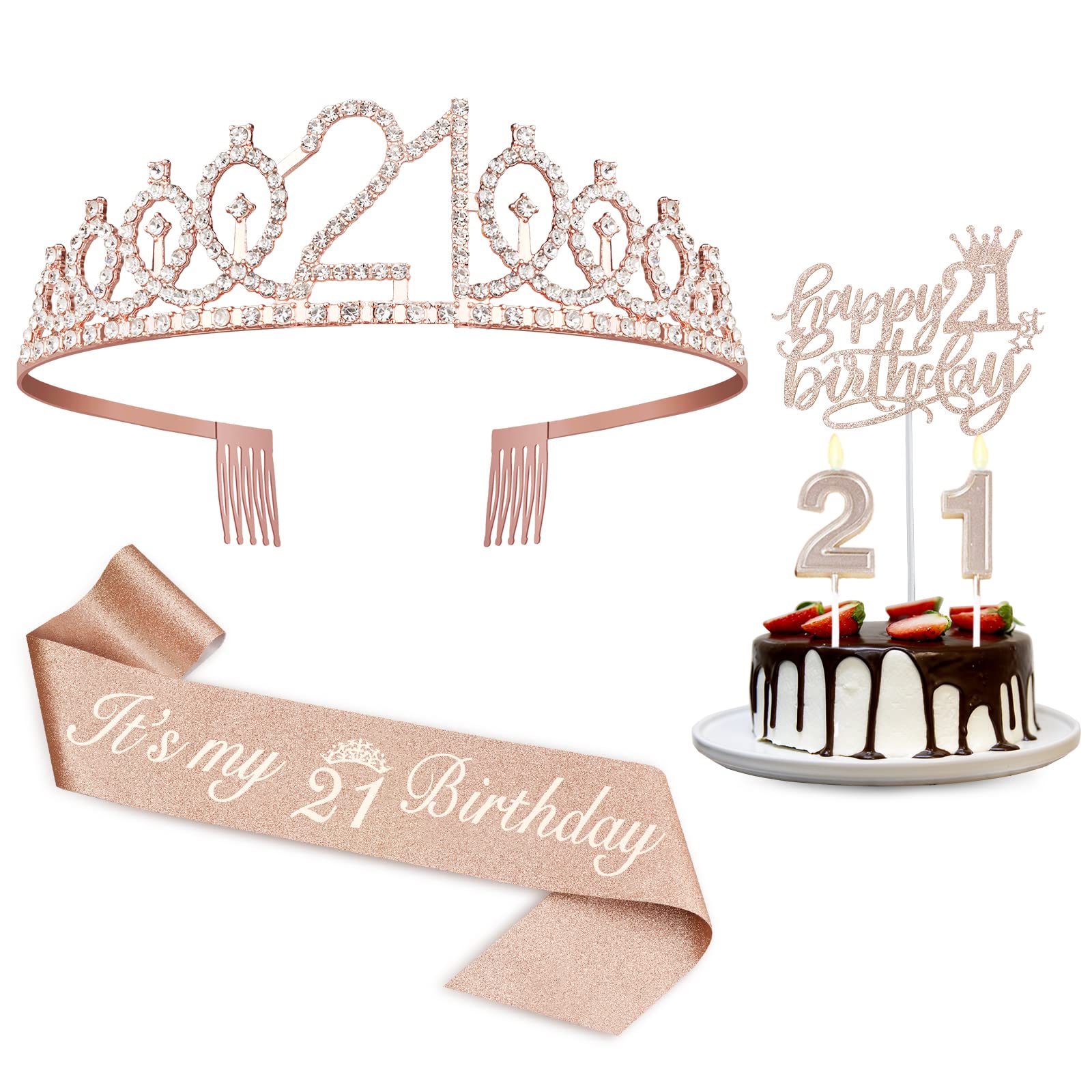 21st Birthday Decorations for Her, Including 21st Birthday Sash, Cake Topper, Crown, Candles, 21st Birthday Gifts for Her, 21st Birthday Decorations for Women