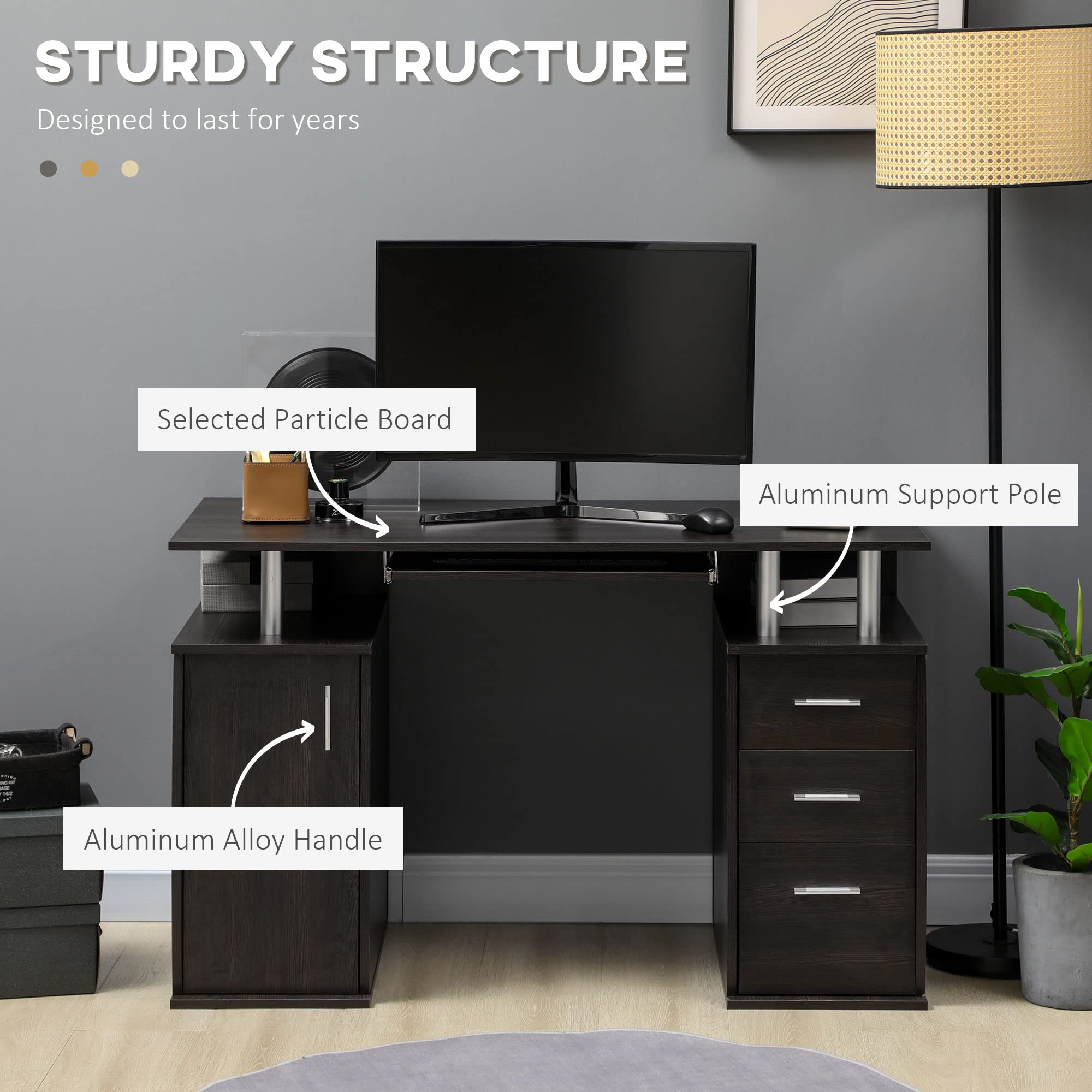 HOMCOM 47" Computer Desk with Keyboard Tray and Storage Drawers, Home Office Workstation Table with Storage Shelves, Dark Brown Wood Grain