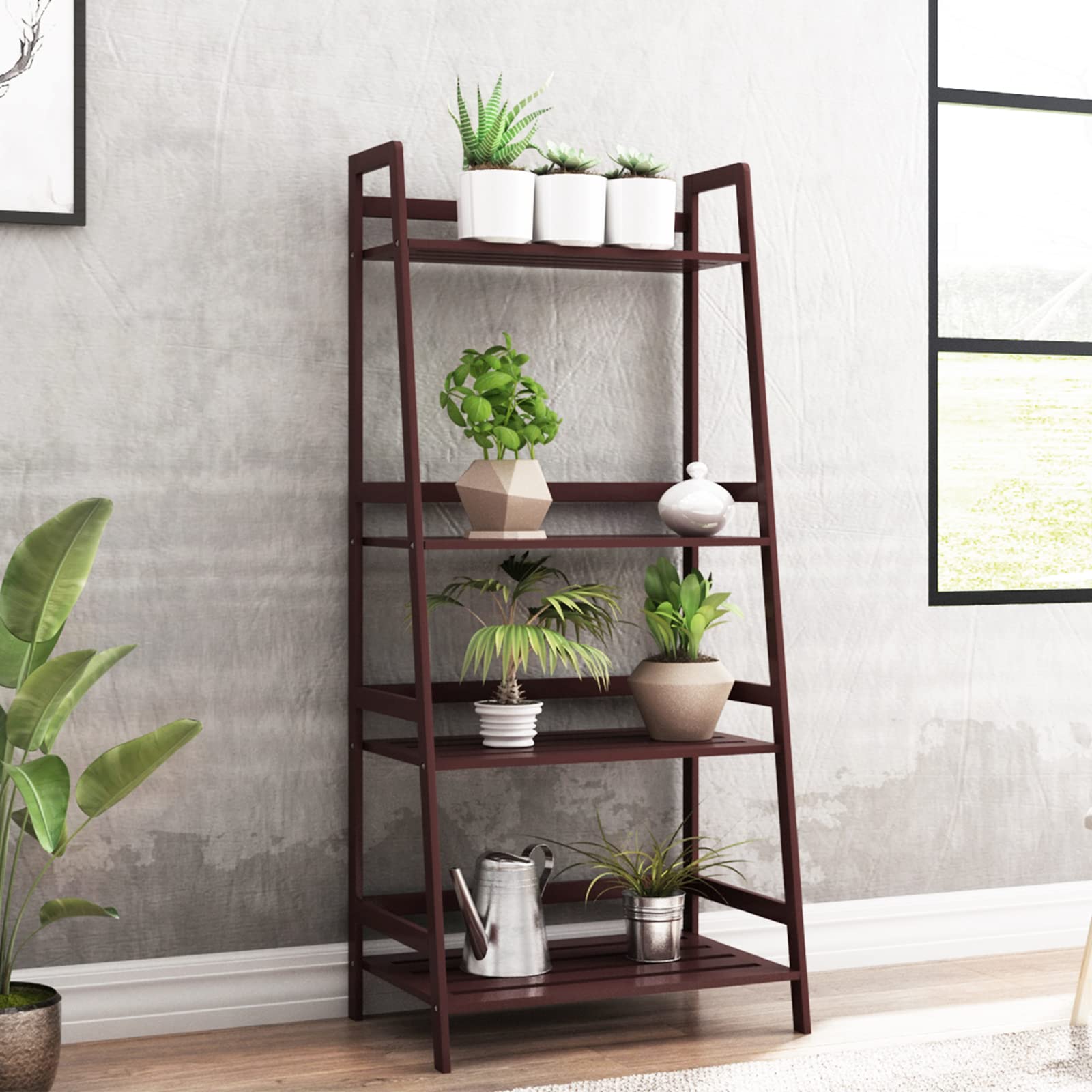 SogesHome Bamboo 4 Tier Bookcase, Multi-Functional Book Shelf Storage Rack, Plants Stand Display Shelf, Brown