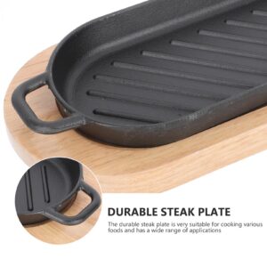 SIZZLING PLATE WITH WOODEN BASE- Cast Iron Steak Platter Pre- Seasoned Cast Iron Fajita Pan Sizzling Fajita Pan Japanese Steak Plate with Wood Base for Restaurant