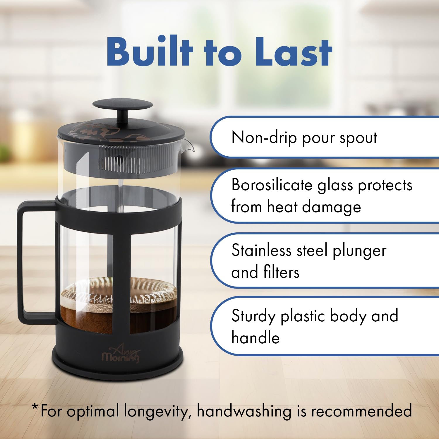 Any Morning Coffe Maker, Stainless Steel Borosilicate Glass French Press, Tea Press for Loose Tea, BPA Free, Heat Resistant Durable, Easy to Clean, 27 oz, Black