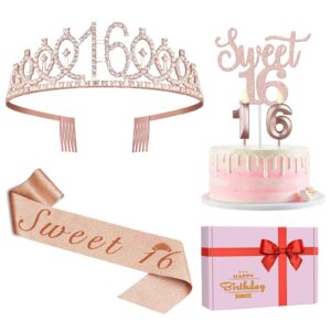 sweet 16 party decorations for girls including sweet 16 sash and tiara, candles,sweet 16 cake topper and candles, 16th birthday decorations for girls, sweet 16th birthday gifts