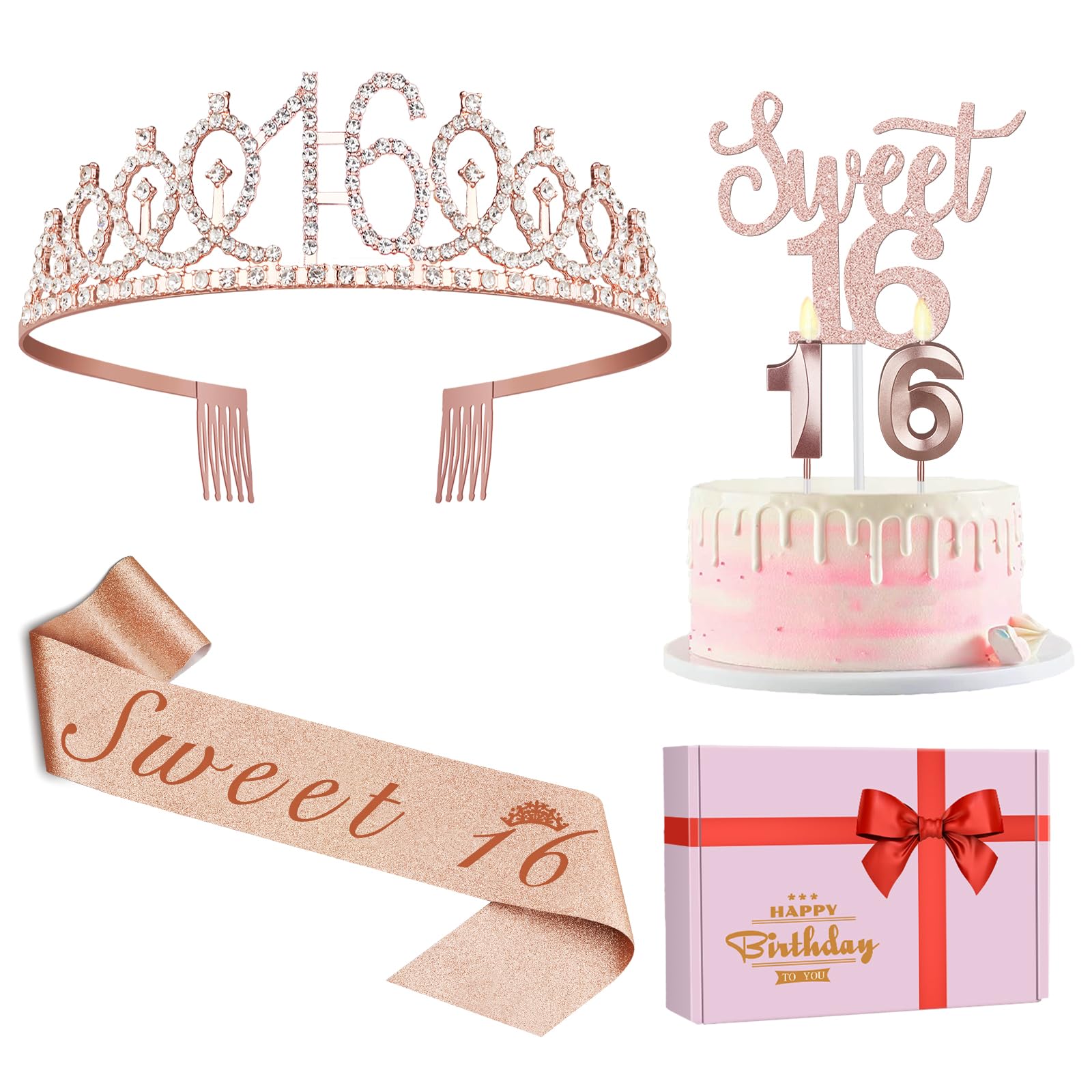 Sweet 16 Party Decorations for Girls Including Sweet 16 Sash and Tiara, Candles,Sweet 16 Cake Topper and Candles, 16th Birthday Decorations for Girls, Sweet 16th Birthday Gifts