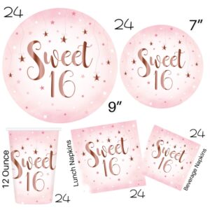 Sweet 16 Rose Gold Birthday Party Supplies, Serves 24 Guests, Includes Cups, Plates, Napkins, Table Covers, Happy Birthday Banner, Cake Topper, Balloons, and Candle, Essentials for 16th Birthday Party