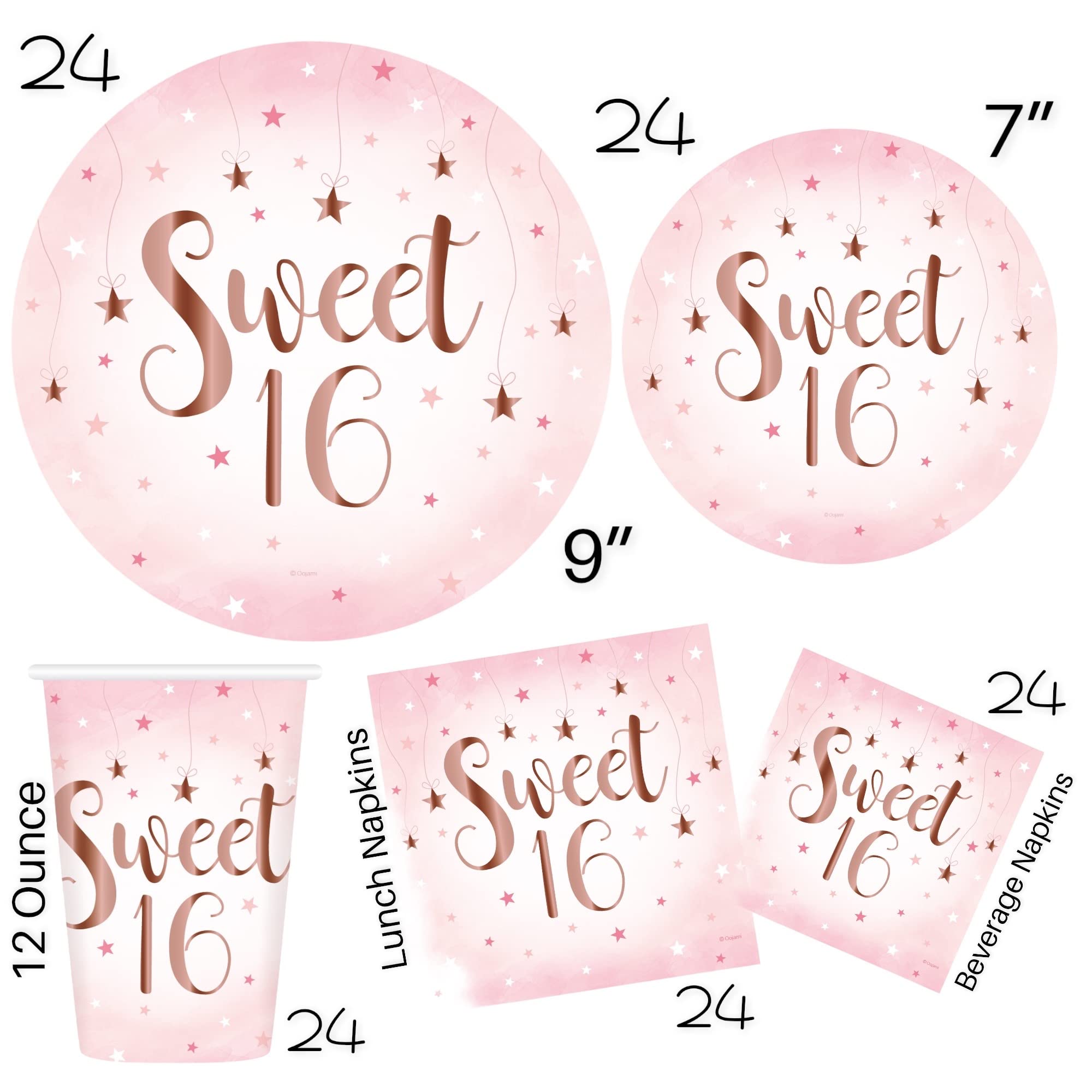 Sweet 16 Rose Gold Birthday Party Supplies, Serves 24 Guests, Includes Cups, Plates, Napkins, Table Covers, Happy Birthday Banner, Cake Topper, Balloons, and Candle, Essentials for 16th Birthday Party