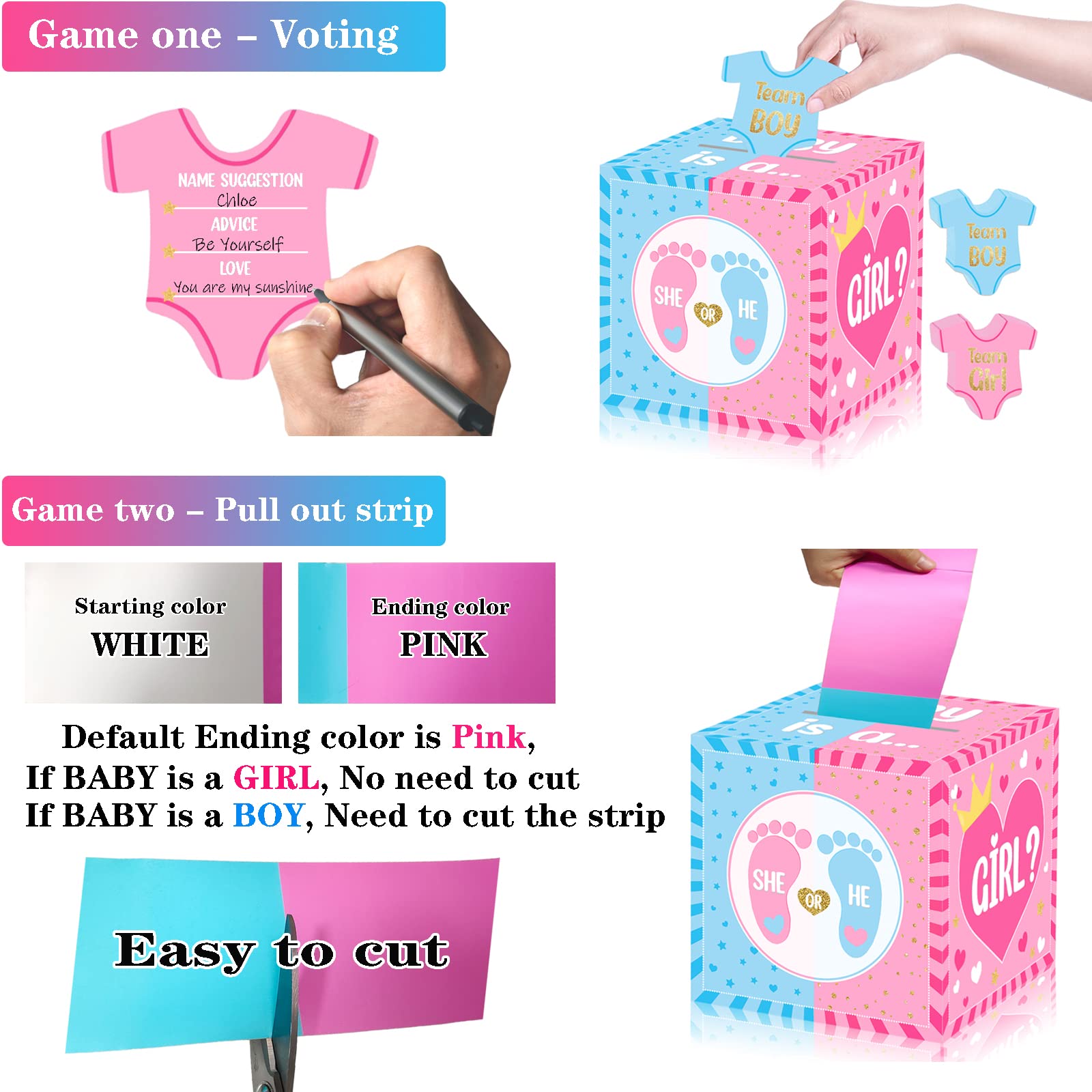 hongpar Baby Gender Reveal Pull Out Game , Voting Box with 60 Ballot Cards, Boy or Girl, Party Supplies,Pink and Blue