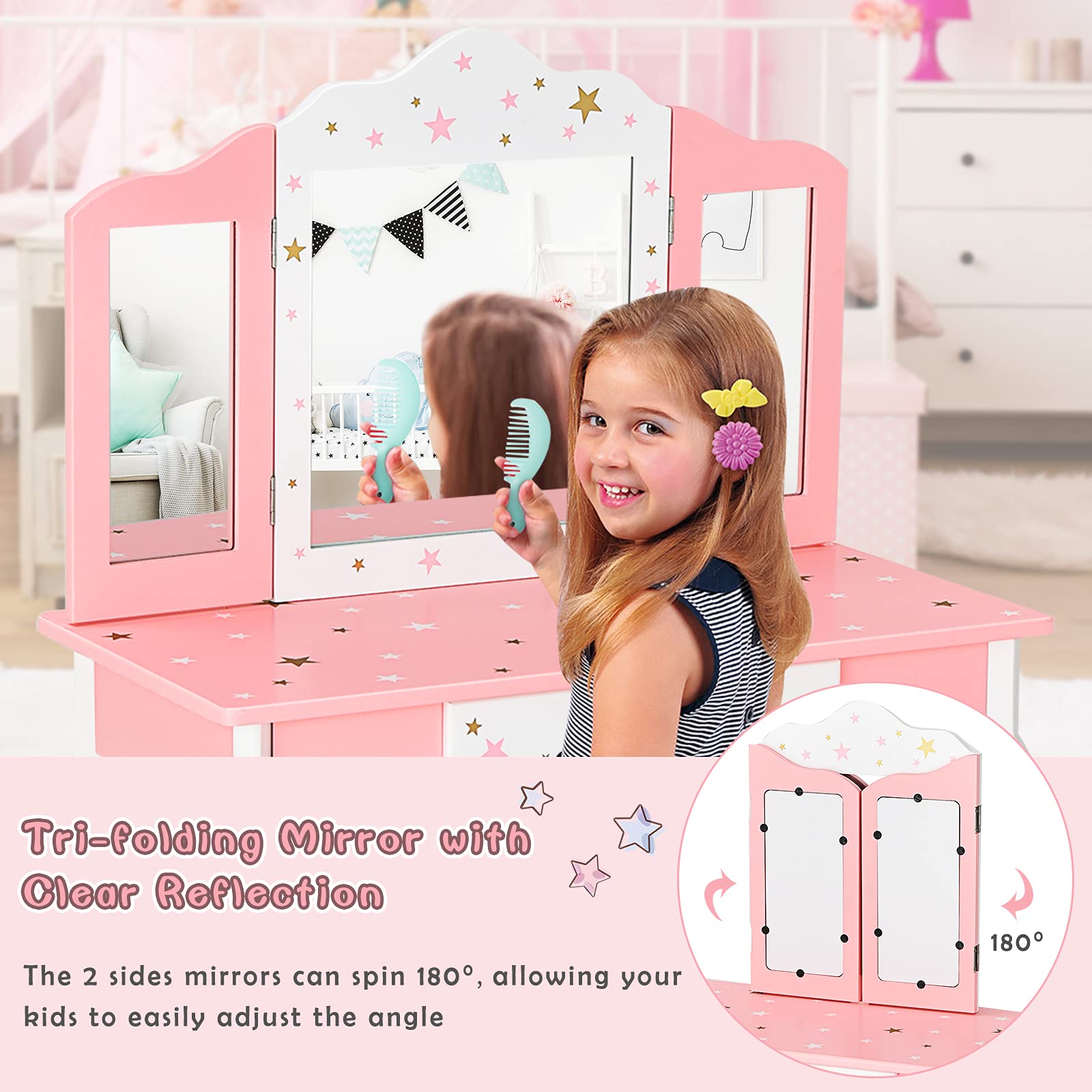 KOTEK Kids Vanity Set w/Tri-Folding Mirror, 2 in 1 Wooden Princess Makeup Dressing Table w/Detachable Top & Storage Drawers, Pretend Beauty Play Vanity Table Set for Girls (Pink Star Print)