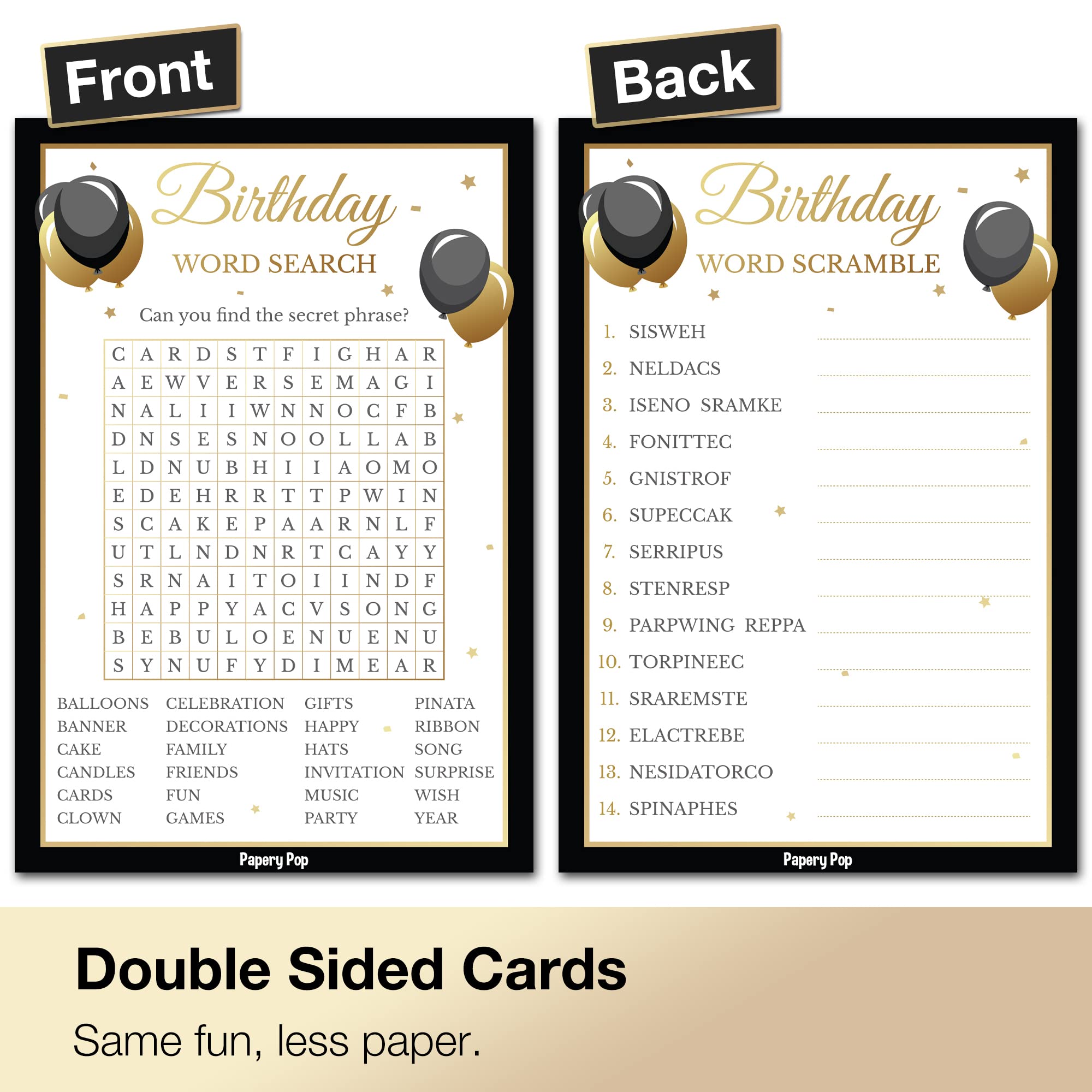 Birthday Party Games - Set of 4 Games for 30 Guests - Double Sided Cards - Birthday Party Supplies for Adults