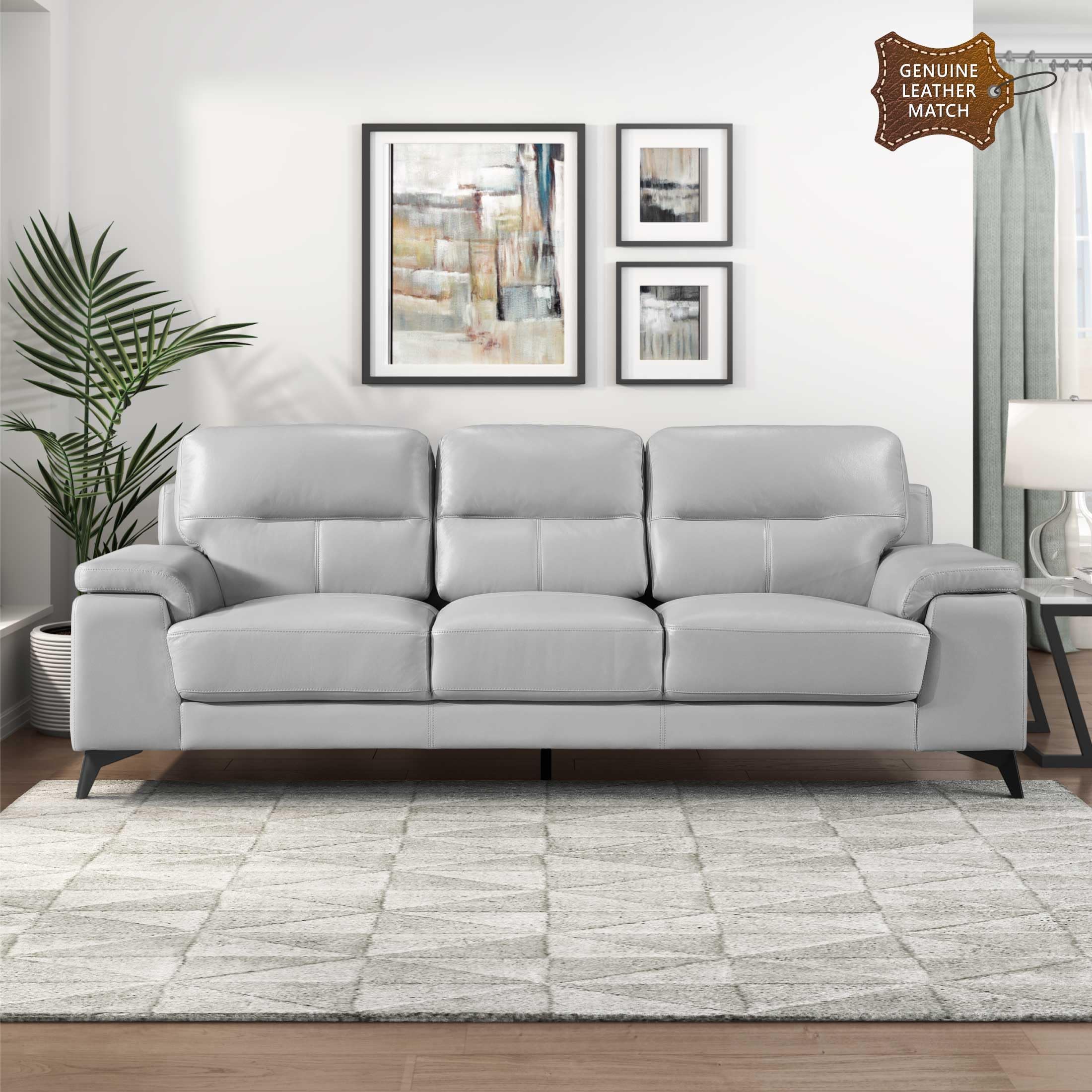 Lexicon Leather Couch, Modern Couch Sofa, Top Grain Leather Sofa, Oversized Sofa for Living Room, Bedroom, Office, Apartment, 3-Seater Couches, Silver Gray